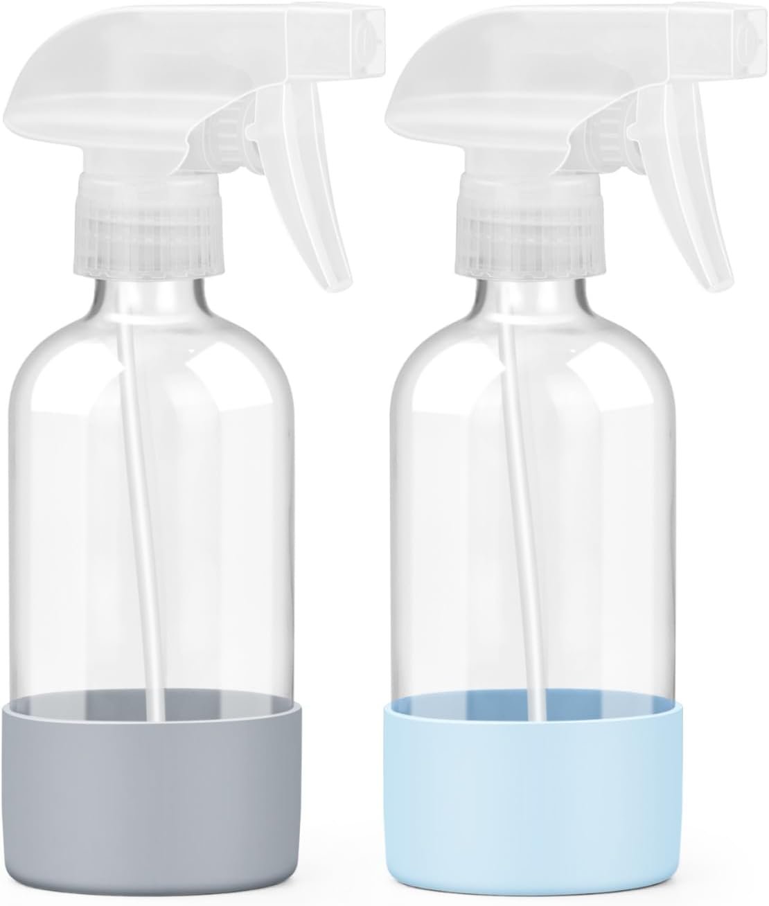 Worldgsb 2 Pack Glass Spray Bottles 8 oz, Empty Refillable Containers with Silicone Sleeve Protection, Glass Spray Bottles for Cleaning Solutions, Hair and Plants with Adjustable Nozzles Blue&Grey