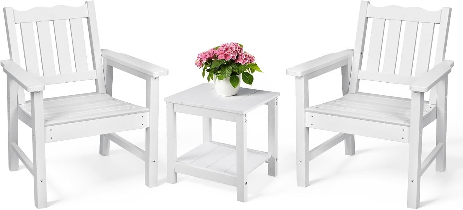 Stoog 3 Piece Patio Dining Sets, All-Weather Patio Chairs with Curved Backrest, Include 2 Garden Chairs and 1 Side Table, White
