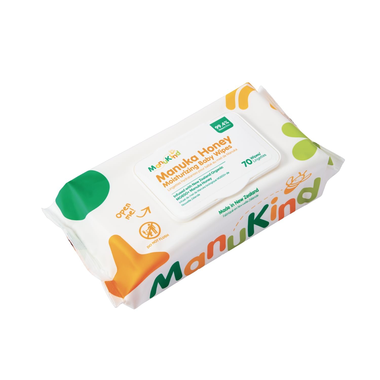 ManuKind Manuka Honey Infused Baby Wipes, Ultra Gentle, 100% Bamboo Fiber, Soft Comfort for Sensitive Skin, Dermatologist Tested, Made in New Zealand, 70 Count