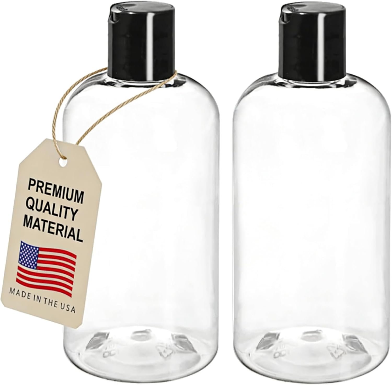 ljdeals 8 oz Clear Plastic Empty Bottles with Black Disc Top Caps, Squeezable Refillable Containers for Shampoo, Lotions, Cream and More, Pack of 2, BPA Free, Made in USA
