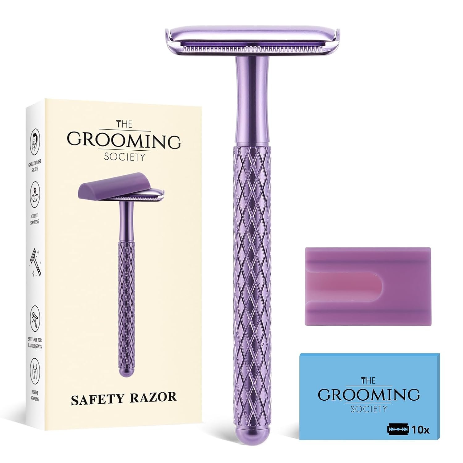 Purple Double Edge Safety Razor for Women, Single Blade Razor | with 10 Replacement Blades, Silicone Cover, Portable Brush Easy to Clean, Durable Metal Eco-Friendly, Closed Smooth Shave