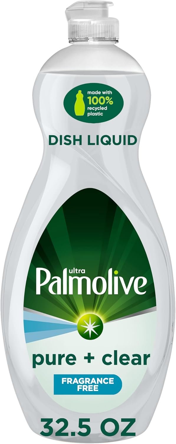 Palmolive Ultra Dishwashing Liquid Dish Soap, Pure + Clear Fragrance Free – 32.5 Fluid Ounce (Packaging may vary) | Hypoallergenic, Cuts Grease, Dishwashing Detergent, Leaves Dishes Sparkling Clean, Tough on Grease, Soft on Hands