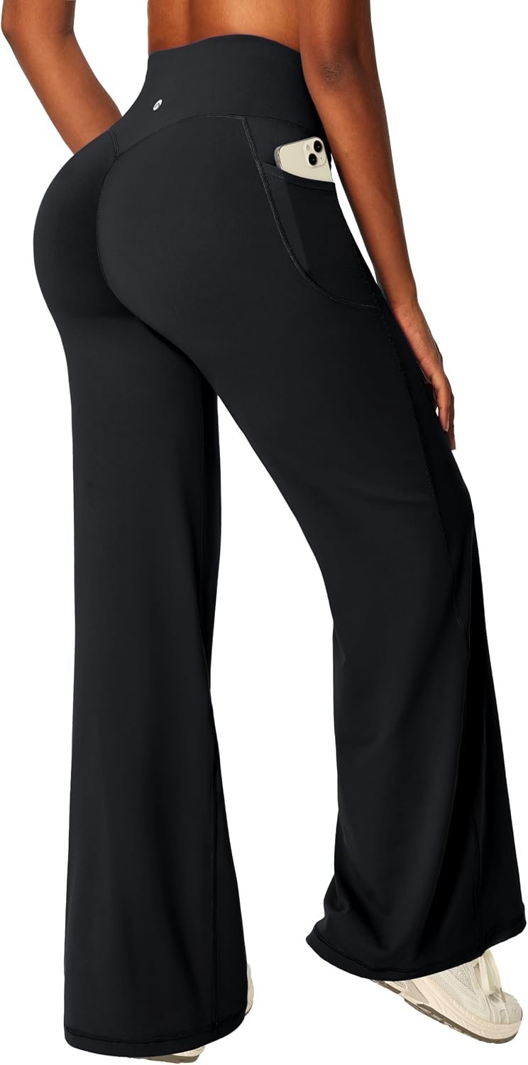 Heathyoga Butt Lifting Wide Leg Leggings with Pockets for Women Straight Leg Yoga Pants Women No Front Seam Workout Leggings