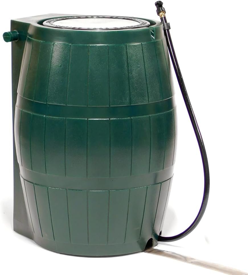 FCMP Outdoor Raincatcher, Flat-Back Rain Barrel with Spigots, 50 Gallon, Green | Portable Water Storage Container Tank with Spigots for Home, Garden, and Backyard