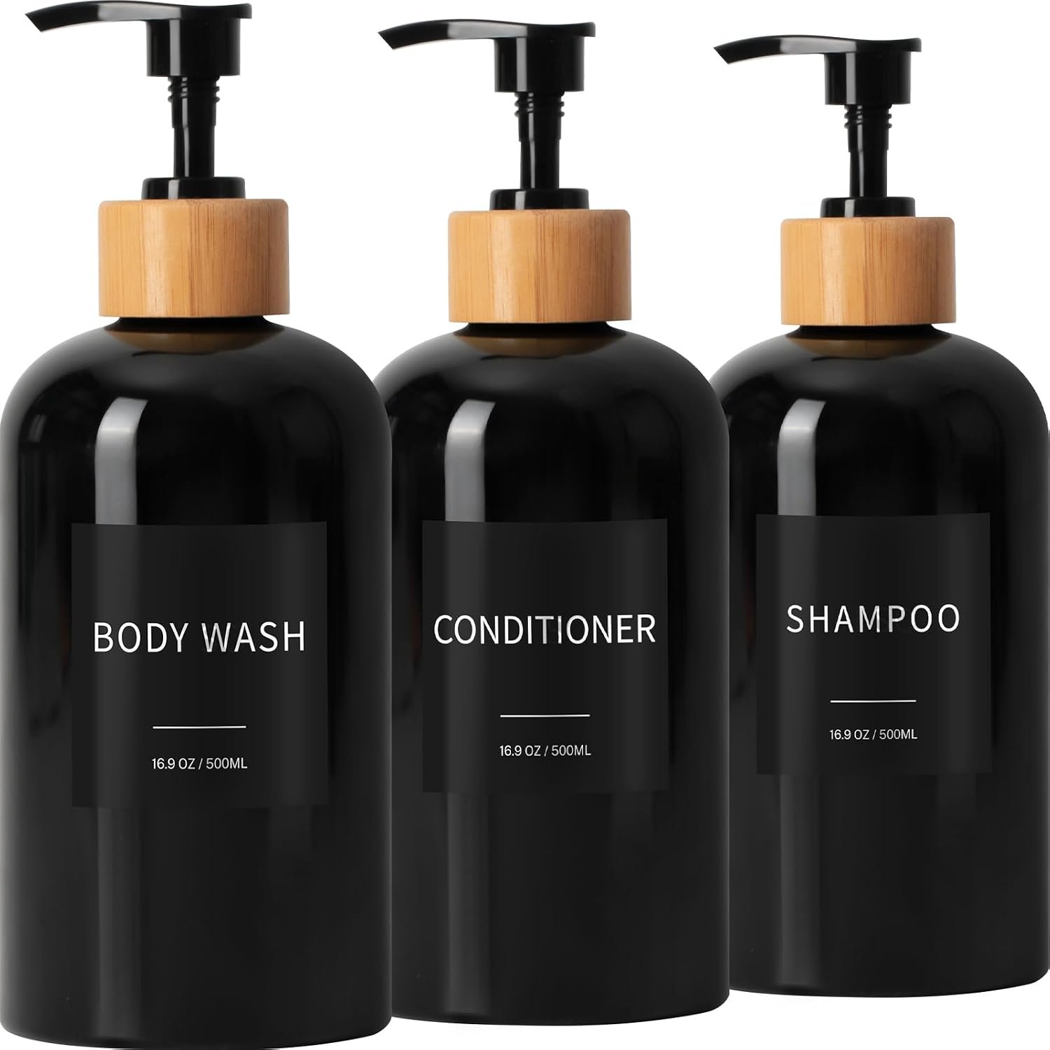 Shampoo and Conditioner Dispenser, Refillable Plastic Shampoo Pump Bottles with Waterproof Labels, Empty Body Wash Dispenser Set for Bathroom Shower, Black, Set of 3, 16.9oz