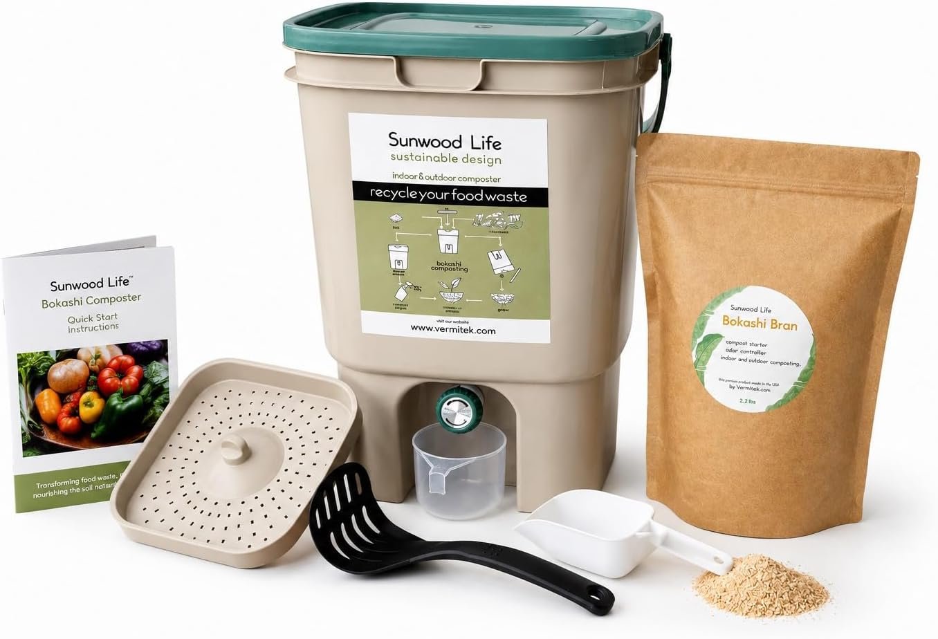 Indoor Bokashi Composter Starter Kit- Beige, 2.2 lb Premium Bokashi Bran Included, Easliy Turn Your Kitchen Wastes into Nutrition for Your Garden Soil