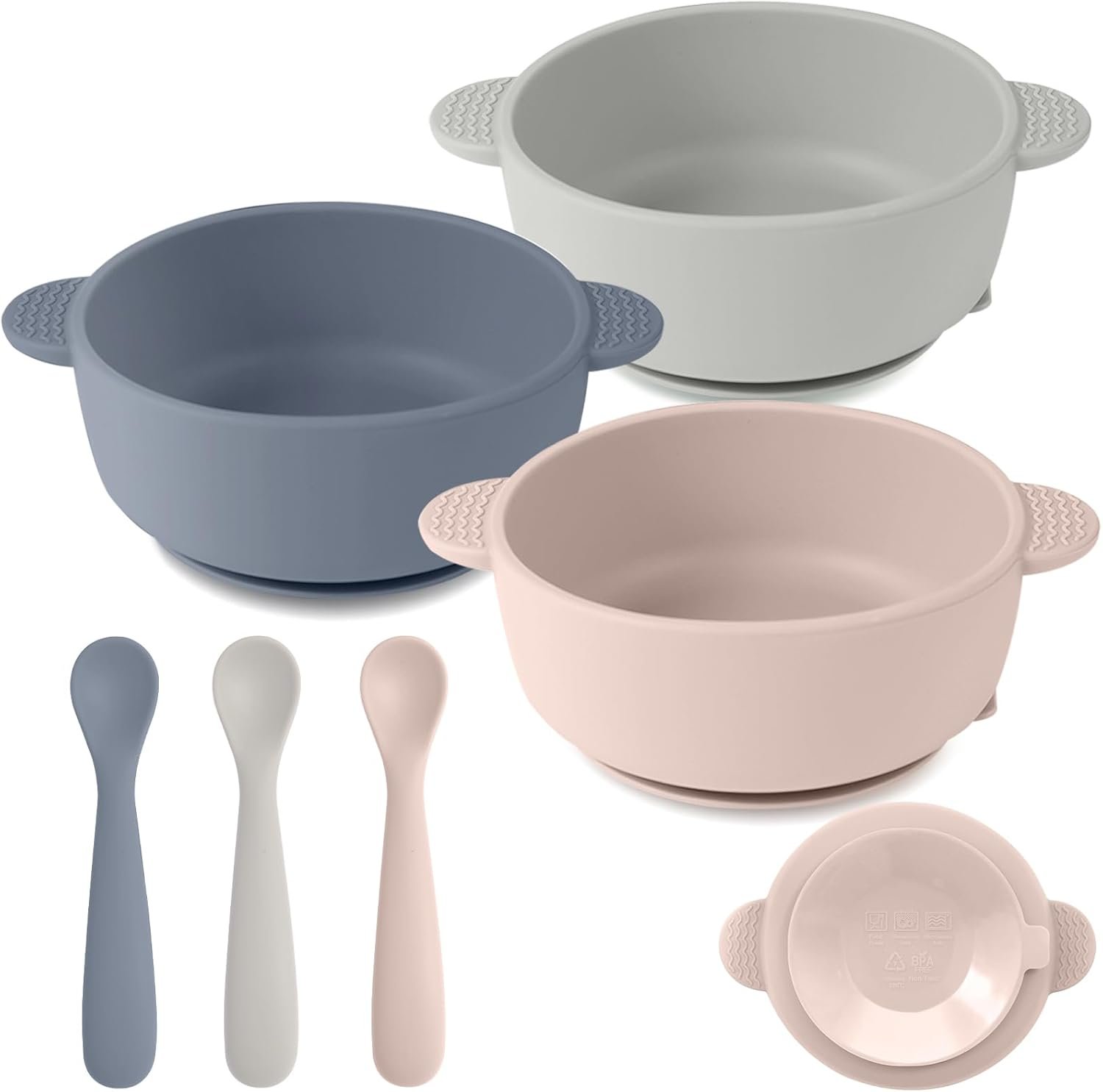 Eascrozn 3 Pack Baby Bowls with Suction and Baby Spoons, BPA Free | Silicone Baby Feeding Set, Baby Utensils Feeding Supplies for Babies Toddlers Kids, Microwave and Dishwasher Safe