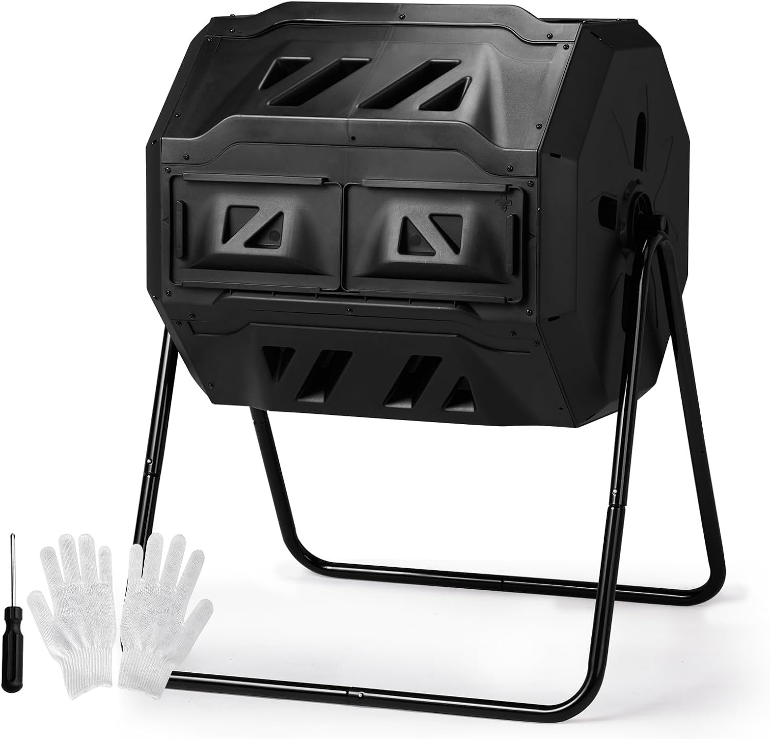 43 Gallon Outdoor Compost Bin, Dual Chamber Tumbling Composter | Sliding Doors and Rotating Batch Design for Garden, Kitchen and Yard Composting