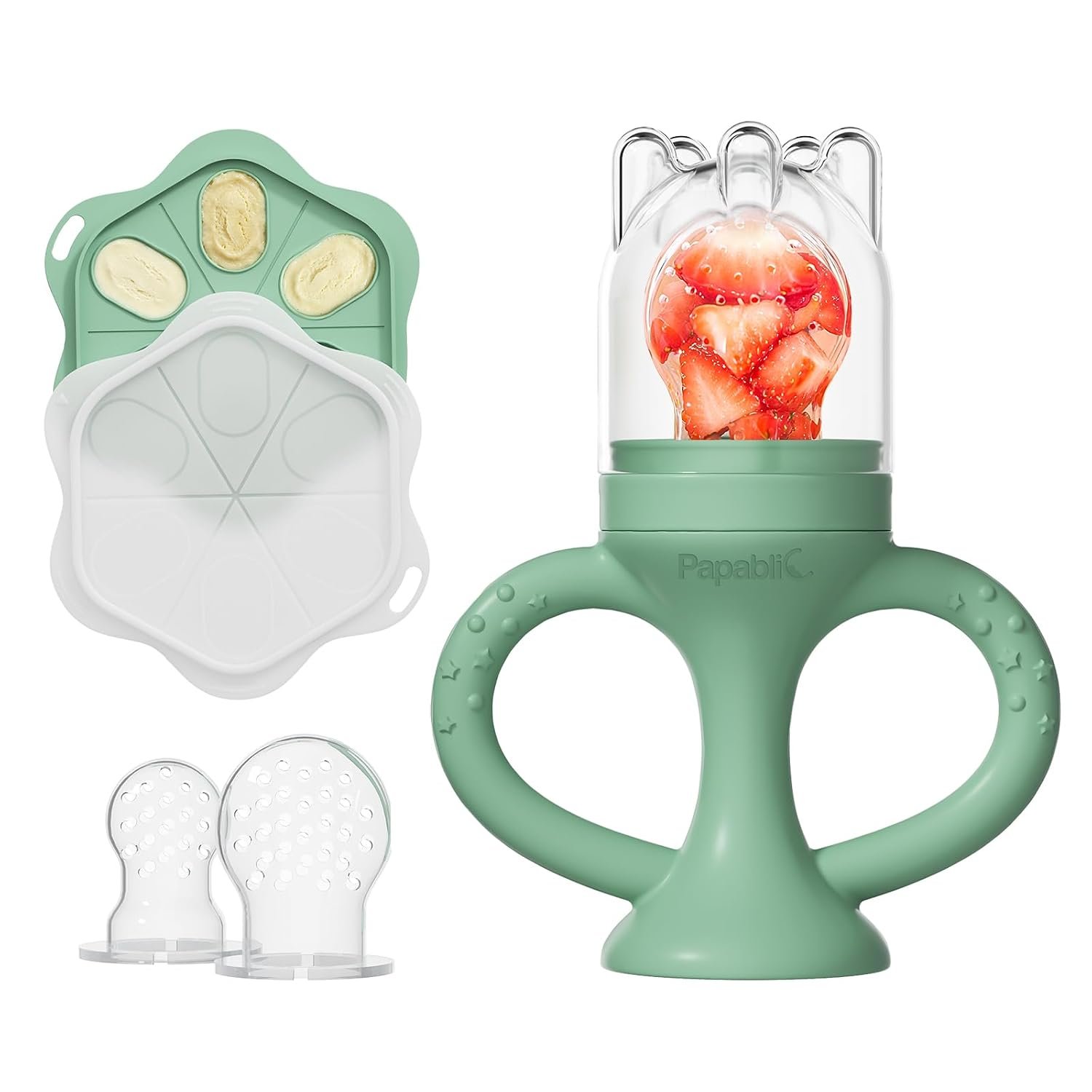 Papablic Easyhold Baby Fruit Food Feeder, Teething Relief with Suction Base | Frozen Teether Pacifier, BPA-Free Silicone Breastmilk Popsicle Molds, Summer Travel Essentials for Infants 4-12 Months