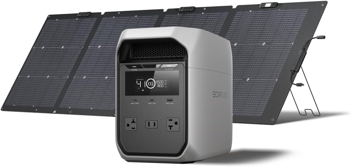 EF ECOFLOW Solar Generator Delta 3 Classic with 220W Solar Panel, 1024Wh | 1800W AC (3600W Surge)/100W USB-C Output, LiFePO4 Battery Portable Power Station, 10ms UPS, 1 Hr Fast Charge for Home,Camping