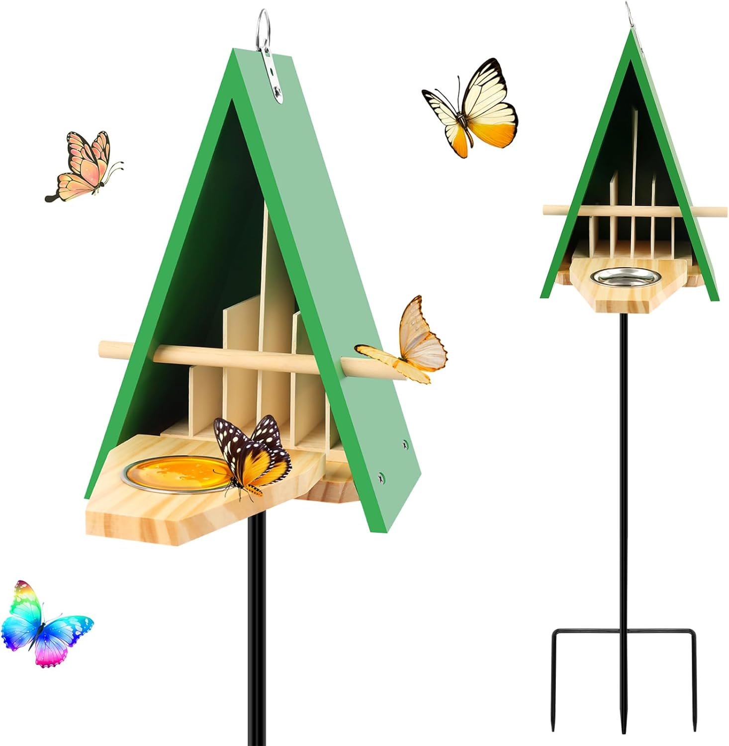 New Butterfly House and Feeder, Wooden Butterfly House with Metal Stake | Wooden Butterfly House for Garden, Natural Butterfly Habitat with Butterfly Puddler on The Floor or Hanging on Tree Wall