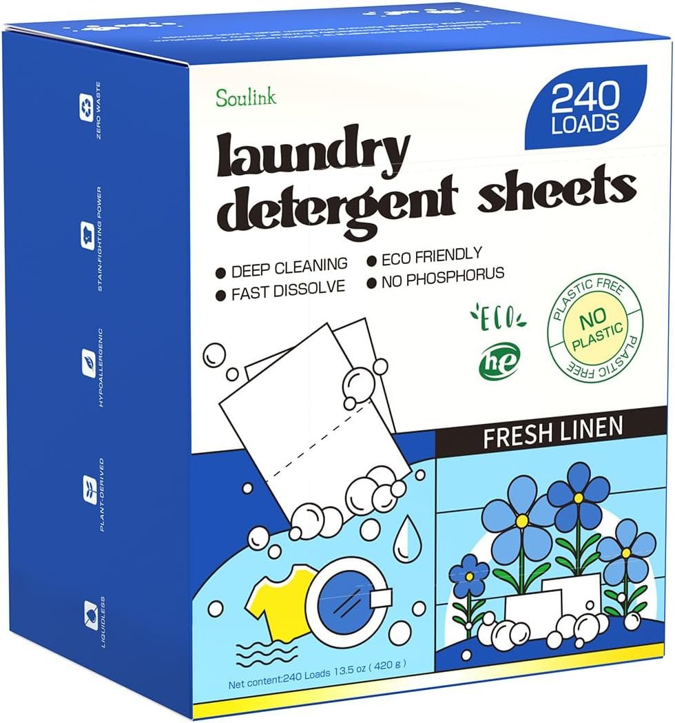 Soulink Laundry Detergent Sheets Fresh Linen Scent 240 Loads，Eco Friendly Detergent Strips for Travel & Home – No Plastic Jug Soap Strips, Plant-based, Hypoallergenic. Safe for Sensitive Skin