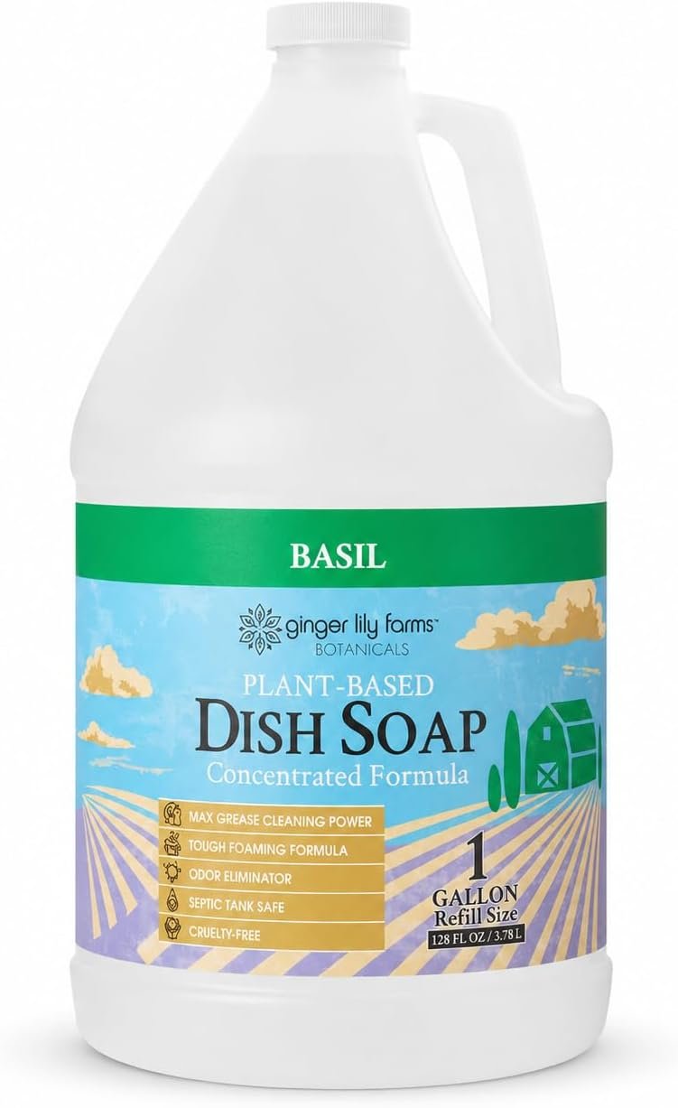 Ginger Lily Farms Botanicals Plant-Based Liquid Dish Soap, Concentrated Formula with Max Grease Cleaning Power, Cruelty-Free, Basil Scent, 1 Gallon Refill (128 Fl. Oz.)