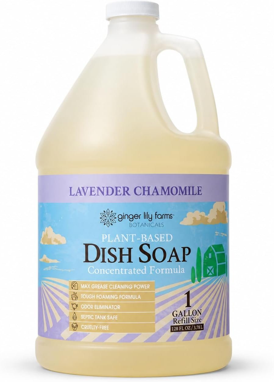 Ginger Lily Farms Botanicals Plant-Based Liquid Dish Soap, Concentrated Formula with Max Grease Cleaning Power, Cruelty-Free, Lavender Chamomile Scent, 1 Gallon Refill (128 Fl. Oz.)