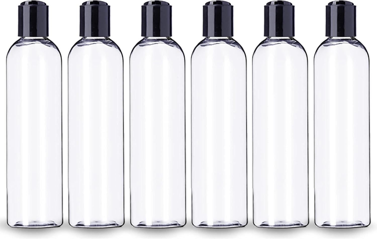 ljdeals 8 oz Clear Plastic Empty Bottles with Black Disc Top Caps, Refillable Containers for Shampoo, Lotions, Cream and More Pack of 6, BPA Free, Made in USA