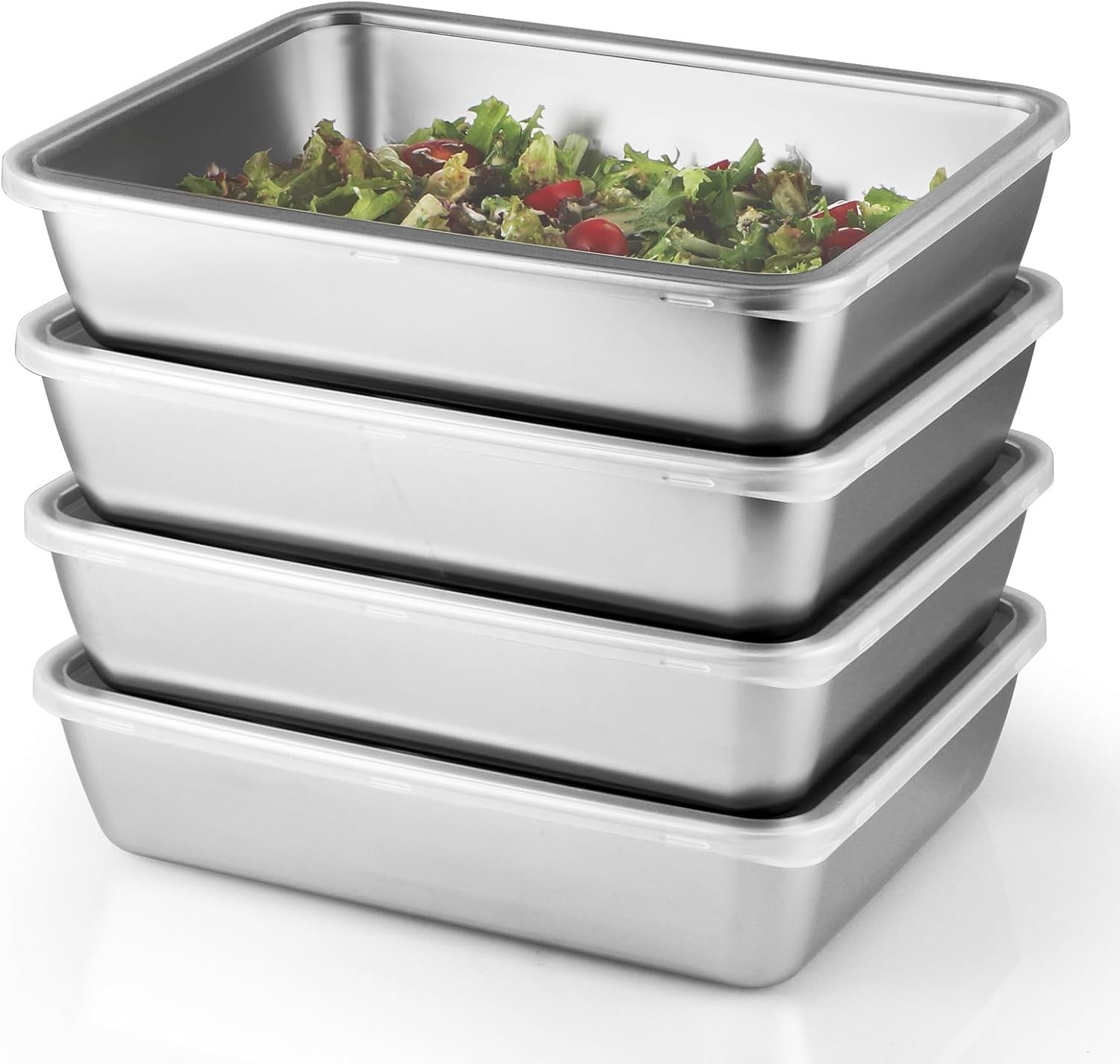 4 Pcs (68oz) Stainless Steel Food Containers with Clear Lids, 10″ x 7.7″ Stackable Snack Storage Boxes, Deli Meat Keeper for Refrigerator or Picnic, BBQ Party, Office, Gym Lunch