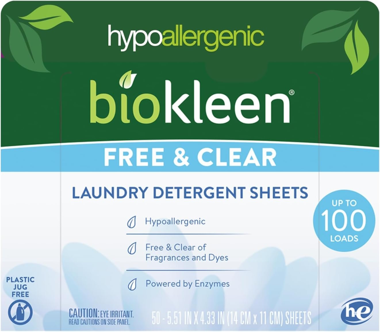 Biokleen Laundry Detergent Sheets – Dye & Fragrance Free, Hypoallergenic, Enzymatic Cleaner, Stain Remover, Bio Active Formula, No Plastic Jug, Unscented, 100 Loads