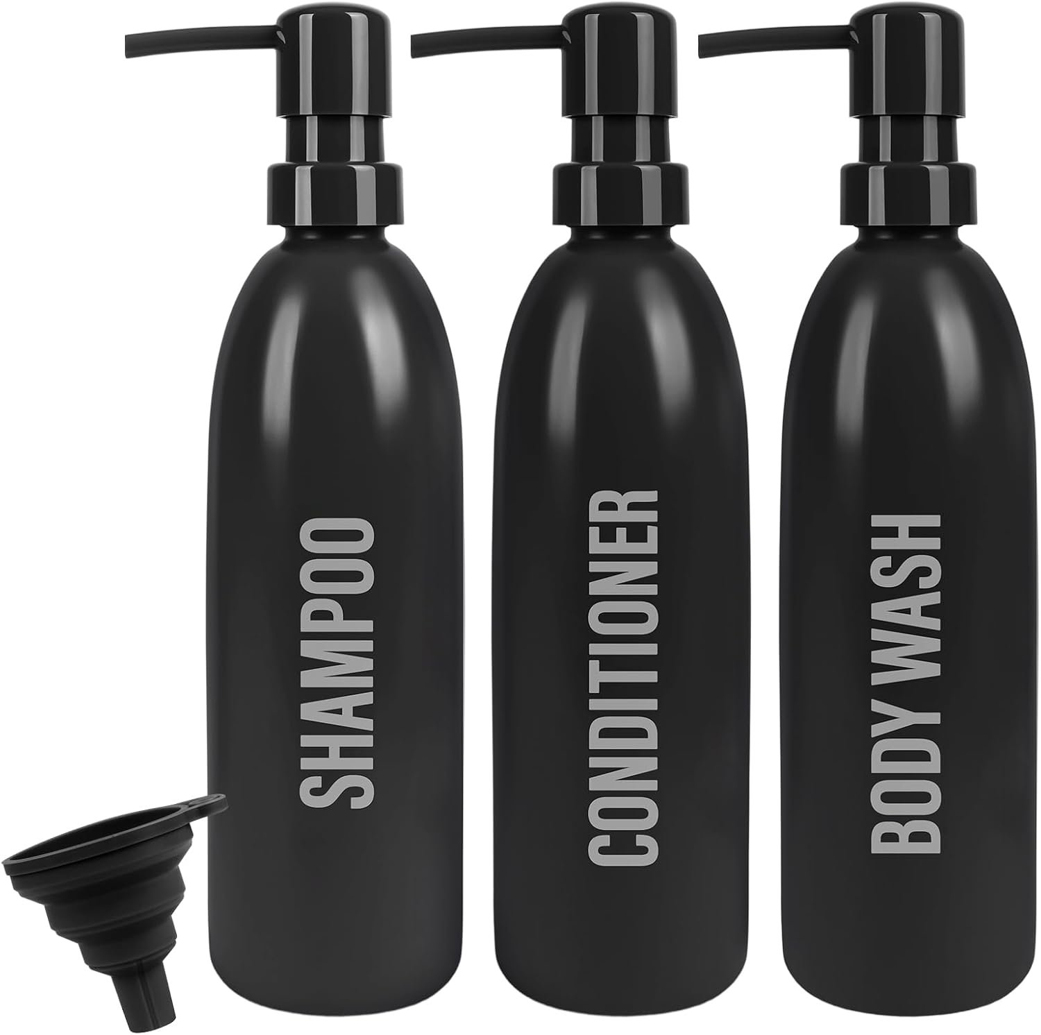 Black Shampoo & Conditioner Dispenser Set 3-Pack 16.9oz Pump Bottles | Refillable Shower Soap, Plastic Body Wash Dispenser with Folding Funnel for Bathroom Decor, Vacation Rental, Gift