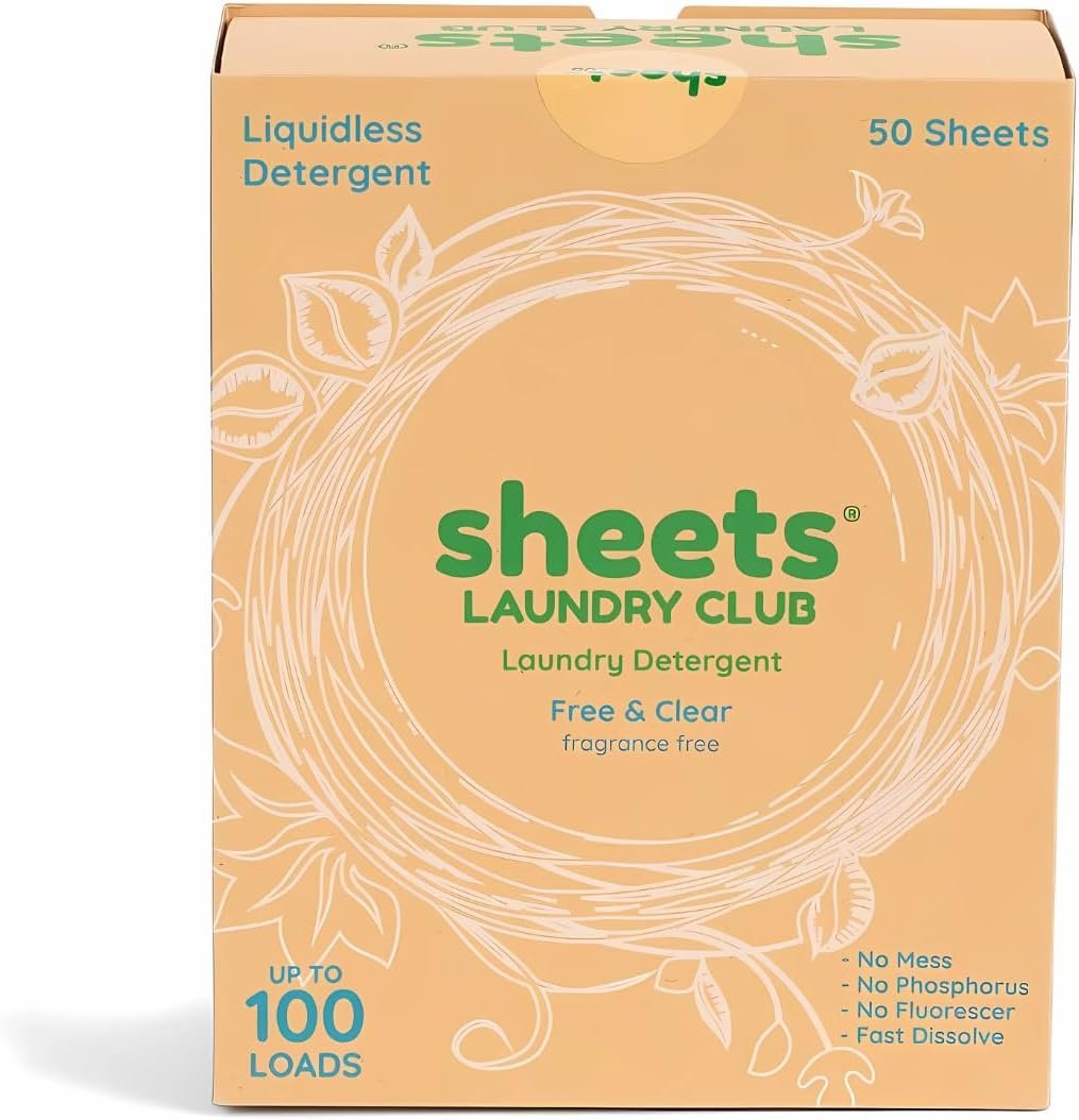 Sheets Laundry Club – Detergent Sheets, 50 Count, Fragrance-Free | Up to 100 Loads; Eco-Friendly, Hypoallergenic, Septic-Safe & Plastic-Free; Quick-Dissolving Liquidless Formula