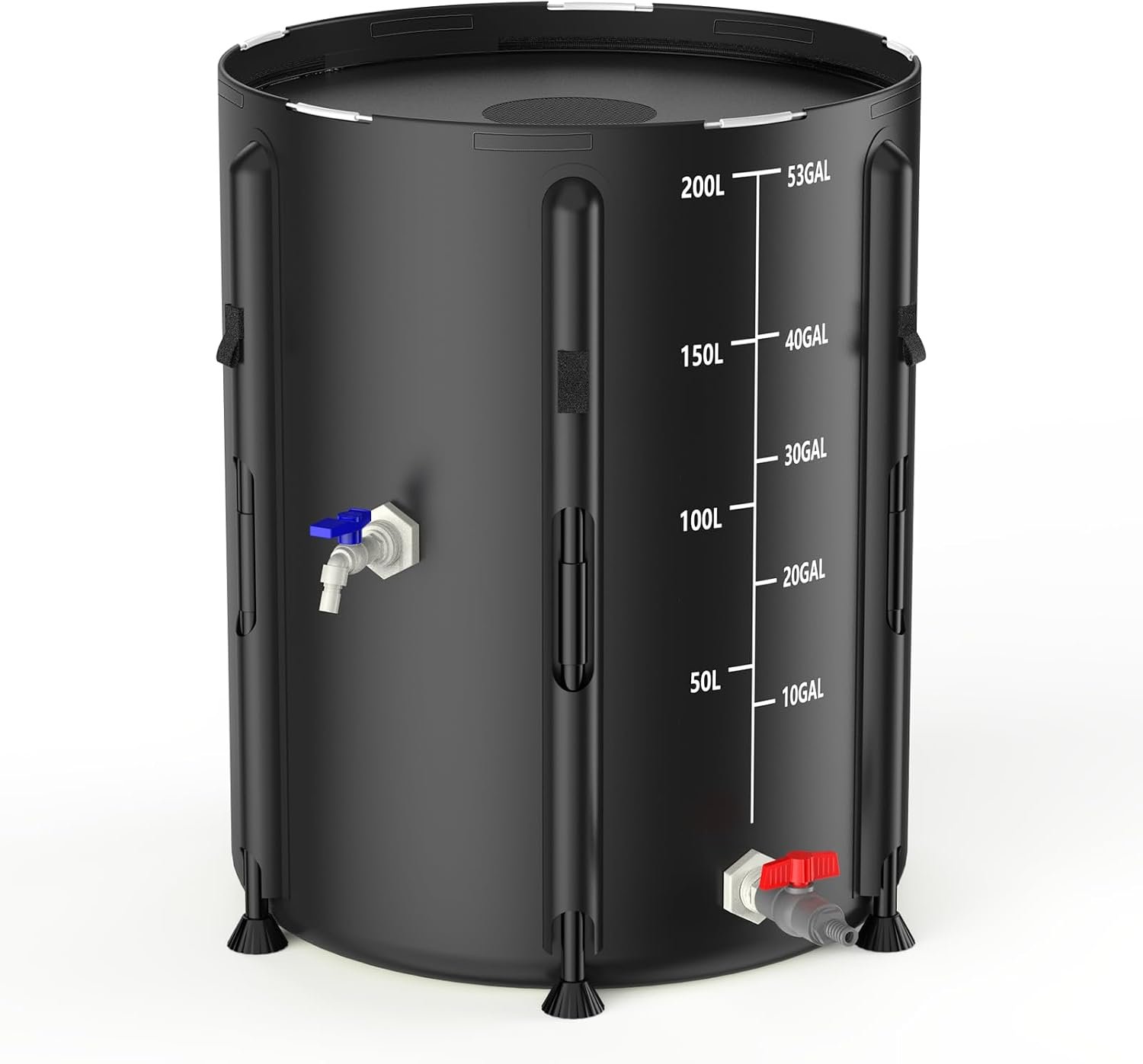 SKM Collapsible Rain Barrel, Hook-and-Loop Top Straps, 53 Gallon, Black | 500D PVC rain barrel with spigot, mesh filter and PTFE tape for garden irrigation, lawn care and emergency water storage