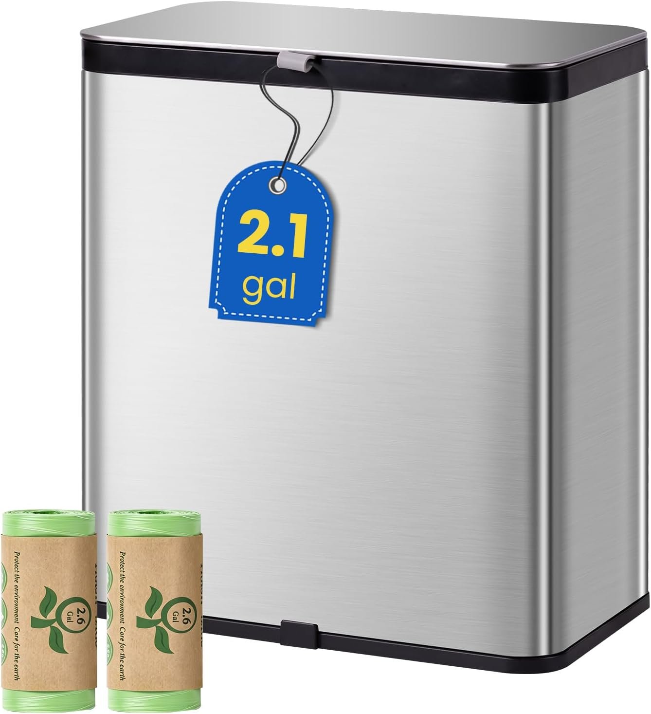 Kitchen Compost Bin with Lid, 2.1 Gallon Stainless Steel Trash Can for Countertop or Under Sink, Hanging Small Kitchen Trash Bin with Removable Inner Bucket, Charcoal Filter for Odor Control