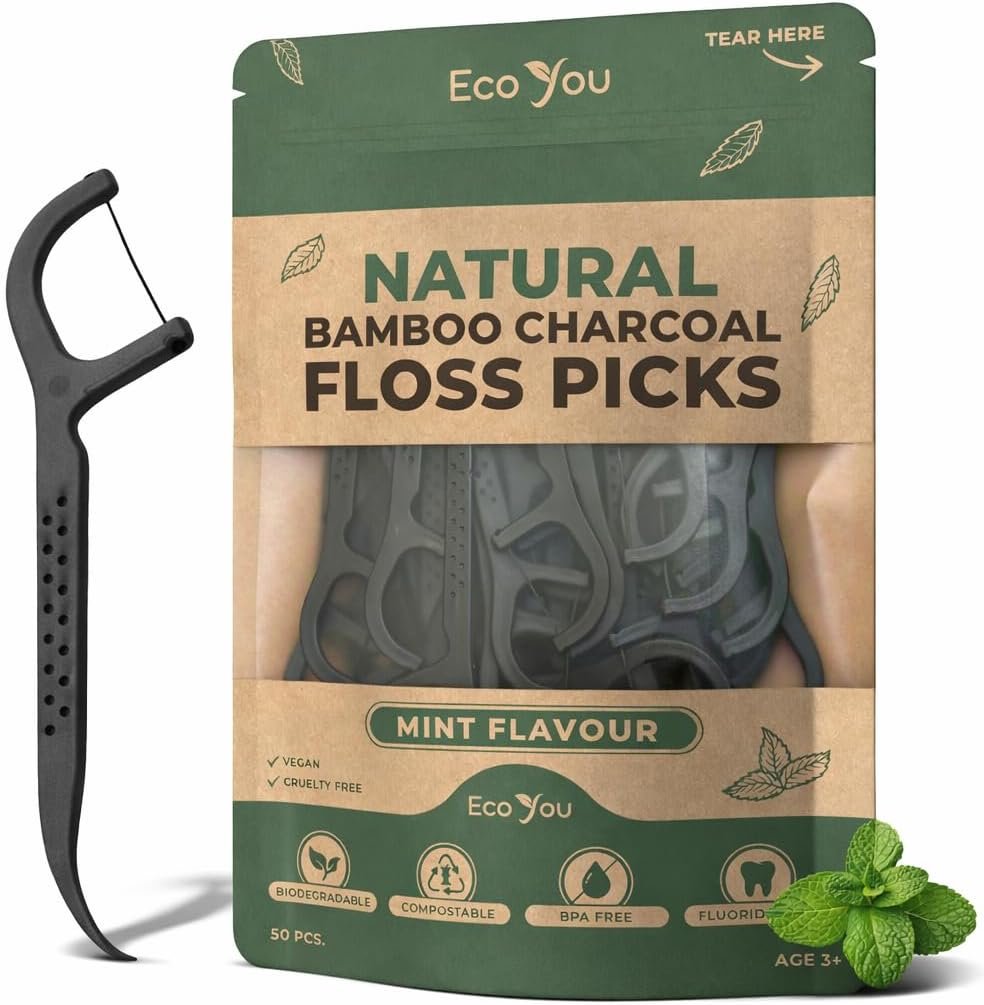 Biodegradable Floss Picks | 50 Count (1 Pack) | Mint Flavor, Candelilla Wax | Sustainable & Reusable | Vegan & Cruelty-Free | Bamboo Floss Picks, Bamboo Toothpicks