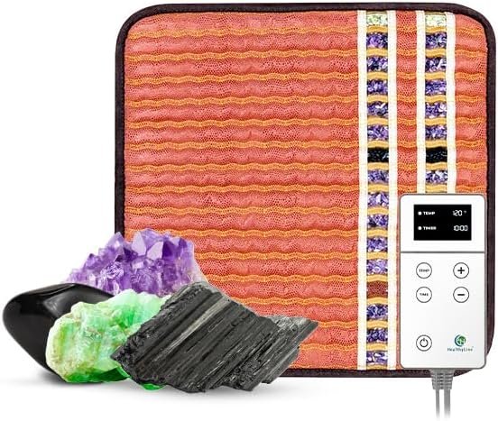 HealthyLine Small Far Infrared Electric Heating Pad for Pain Relief, Heat Therapy with Tourmaline, Amethyst & Obsidian Gemstones, Calming Negative Ions, Auto Shut Off Inframat Pro 18″x18″