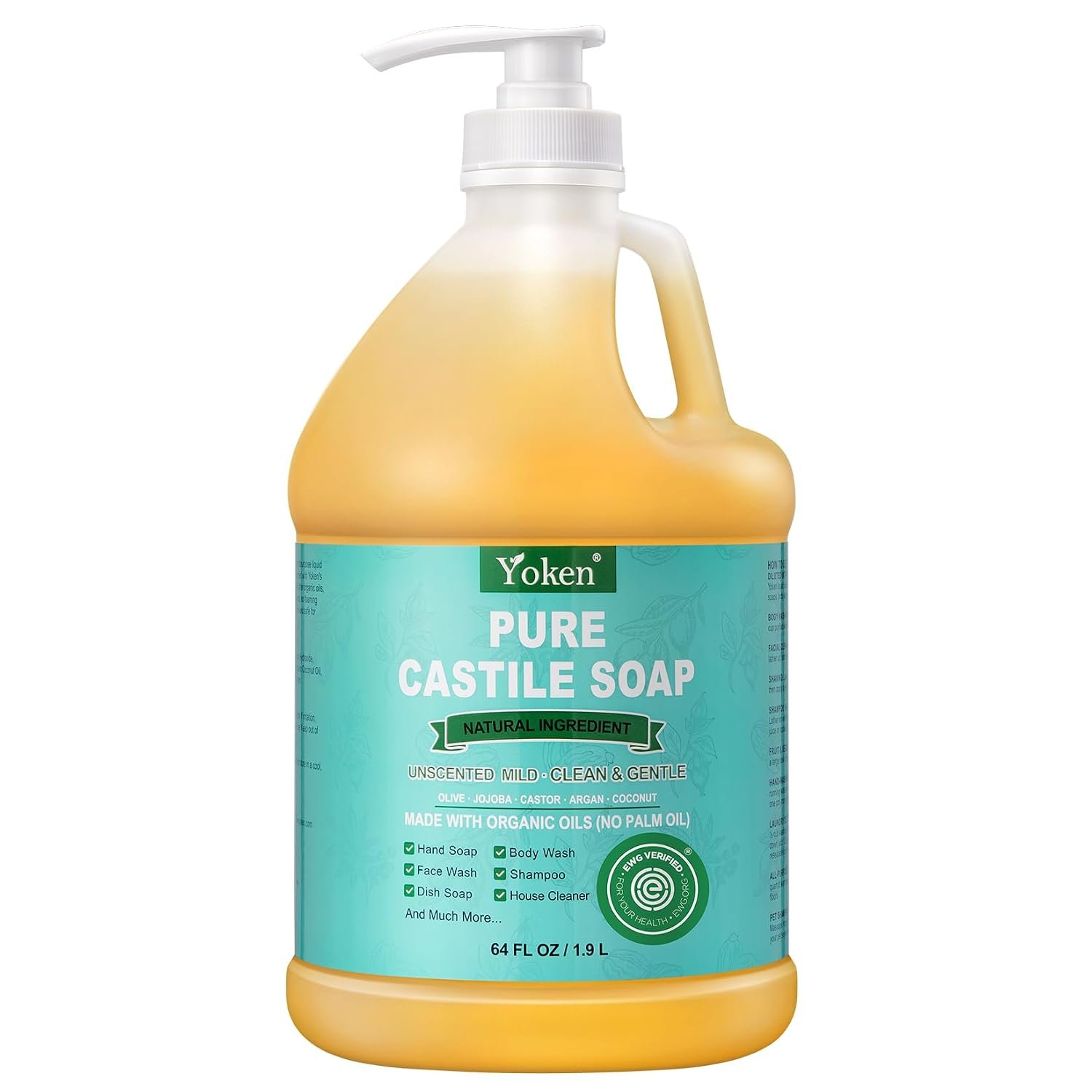 Yoken Pure Castile Liquid Soap 64 Oz Unscent Body Hand Wash Dish with Pump | No Fragrance Vegan Natural Laundry Dishes Mild Sensitive Skin Travel Camp Soaps Body Bath Hand Wash Bulk Size Refill 1.9 L