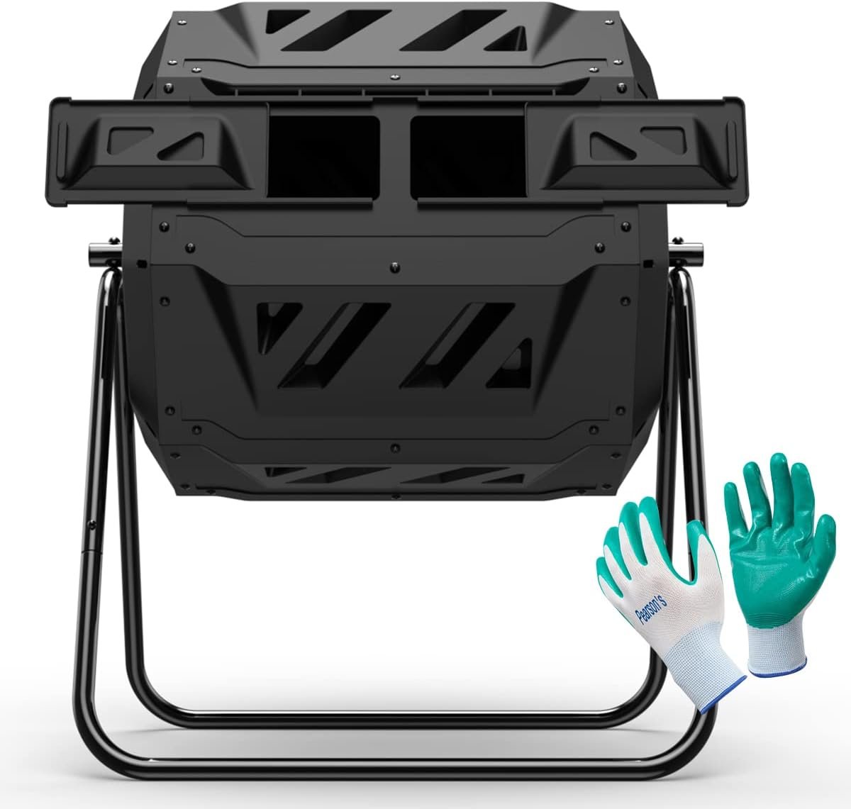 Compost Tumbler Bin Composter Dual Chamber 43 Gallon (Bundled with Pearson’s Gardening Gloves)