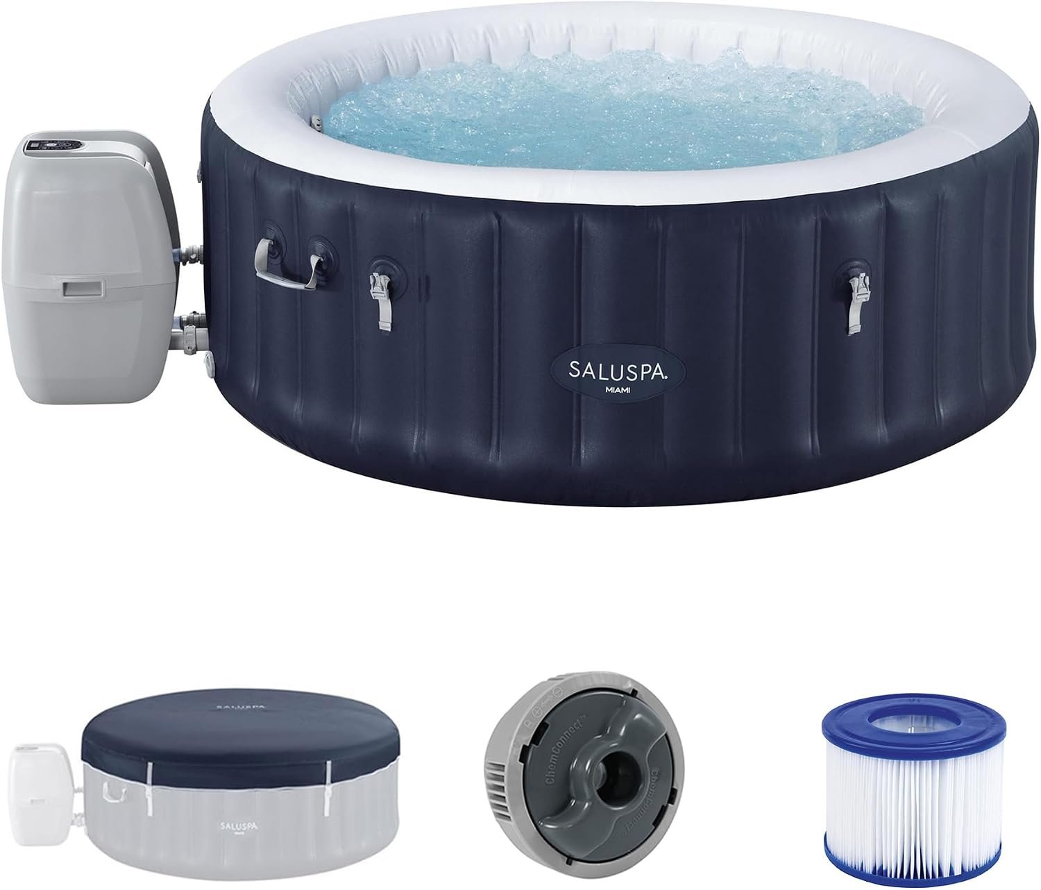 Bestway SaluSpa Miami 2 to 4 Person Inflatable Hot Tub, Round Energy-Efficient Portable Outdoor Spa with 120 AirJets, 71″ x 26″