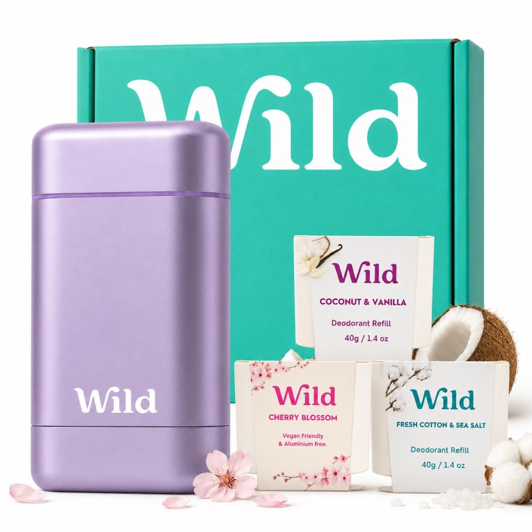 Wild Aluminum Free Natural Deodorant Starter Kit – Refillable Purple Case – Natural Ingredients & 24 Hour Odor Protection – Women’s – Fresh Scents Variety Pack – Case + 3 Refills