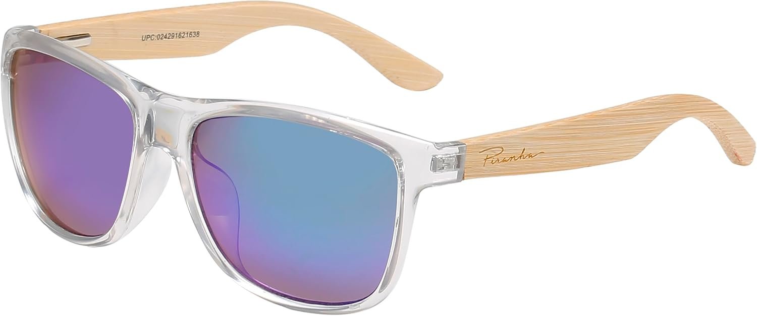 Hardy Clear Square Bamboo Sunglasses with Blue Mirror Lens