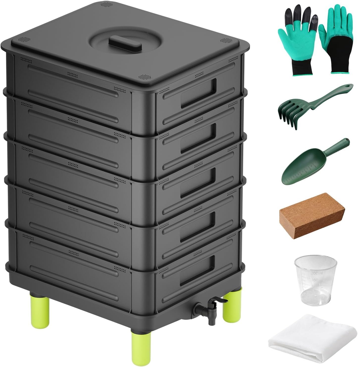 5-Layer Worm Compost Bin, 85L Worm Composter for Indoor & Outdoor, Starter Kits for Vermicomposting Starter, Garden Worm Composting Bin for Recycling Food Waste (Black)