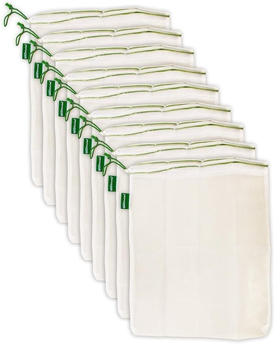 Earthwise Reusable Mesh Produce Bags – Washable Set of 9 Premium Bags, TRANSPARENT Lightweight, Strong SEE-THROUGH Mesh for shopping, transporting and storing fruits and veggies.