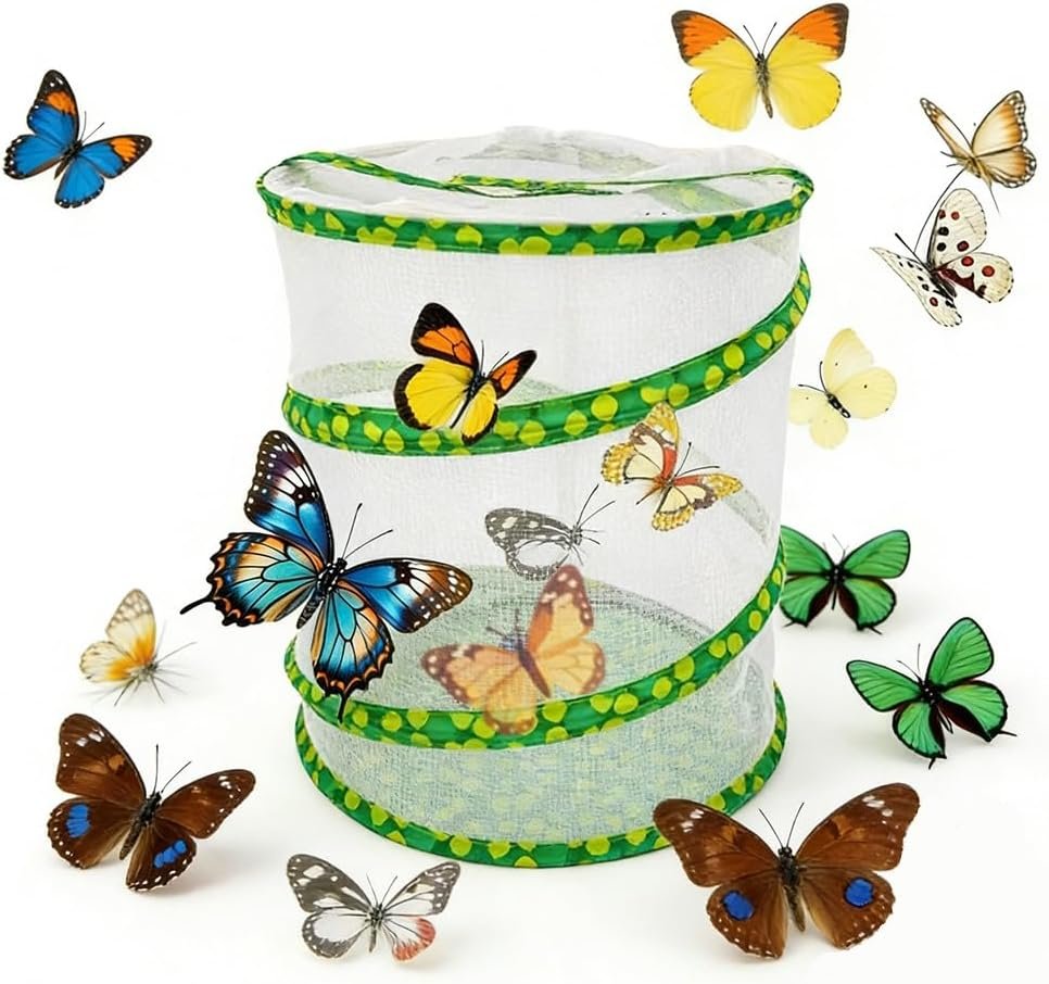 Pop-up Insect and Butterfly Habitat Cage Growning Garden Washable, Reusable, Folds Flat Dragonfly Caterpillars Mesh Cage Feeder Butterfly Growing Kit (Small)