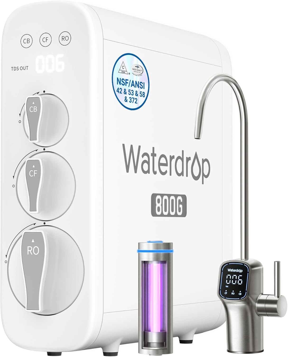Waterdrop G3P800 Reverse Osmosis Water Filter, 800 GPD, Tankless RO System