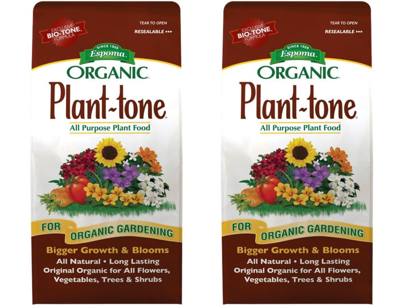 Espoma Organic Plant-Tone 5-3-3 Natural & Organic All Purpose Plant Food; 4 lb. Bag; Organic Fertilizer for All Flowers, Vegetables, Trees, and Shrubs. – Pack of 2