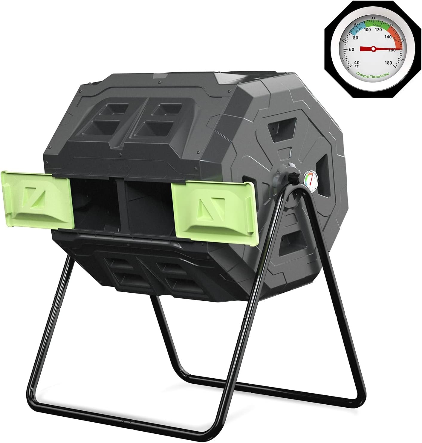 SQUEEZE master Large Compost Tumbler Bin – Outdoor Garden Rotating with Thermometer -Automatic Temperature Measurement-Sturdy Steel Frame – 43Gallon (2-21.5Gal)- Green Door