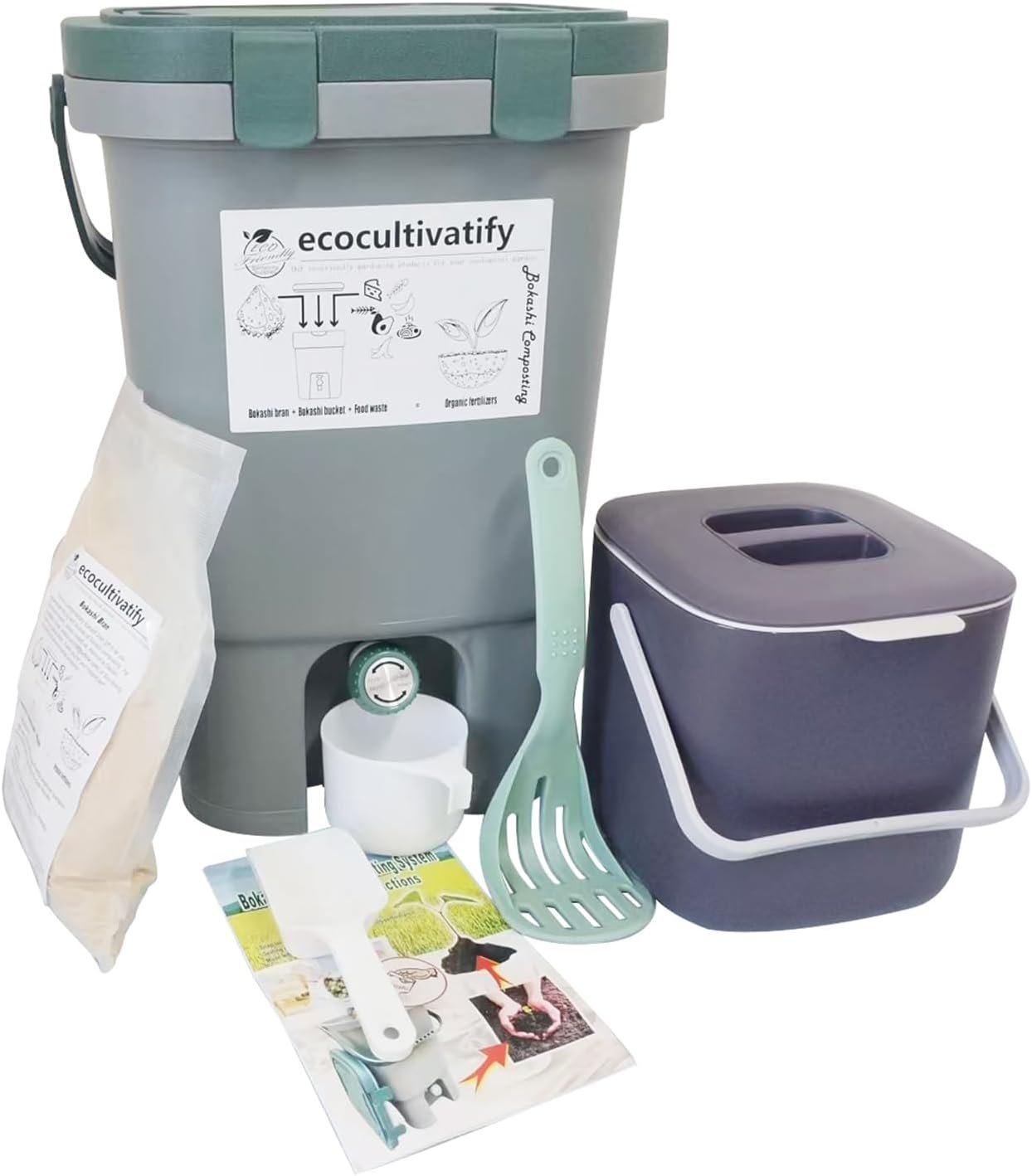 20L Bokashi Compost Bin, 5.28 Gallon Compost Bin for Kitchen Composter with Lid, Bokashi Start Kit with Bran (Tan & Dark Green) (18.8L/5 Gal Grey)