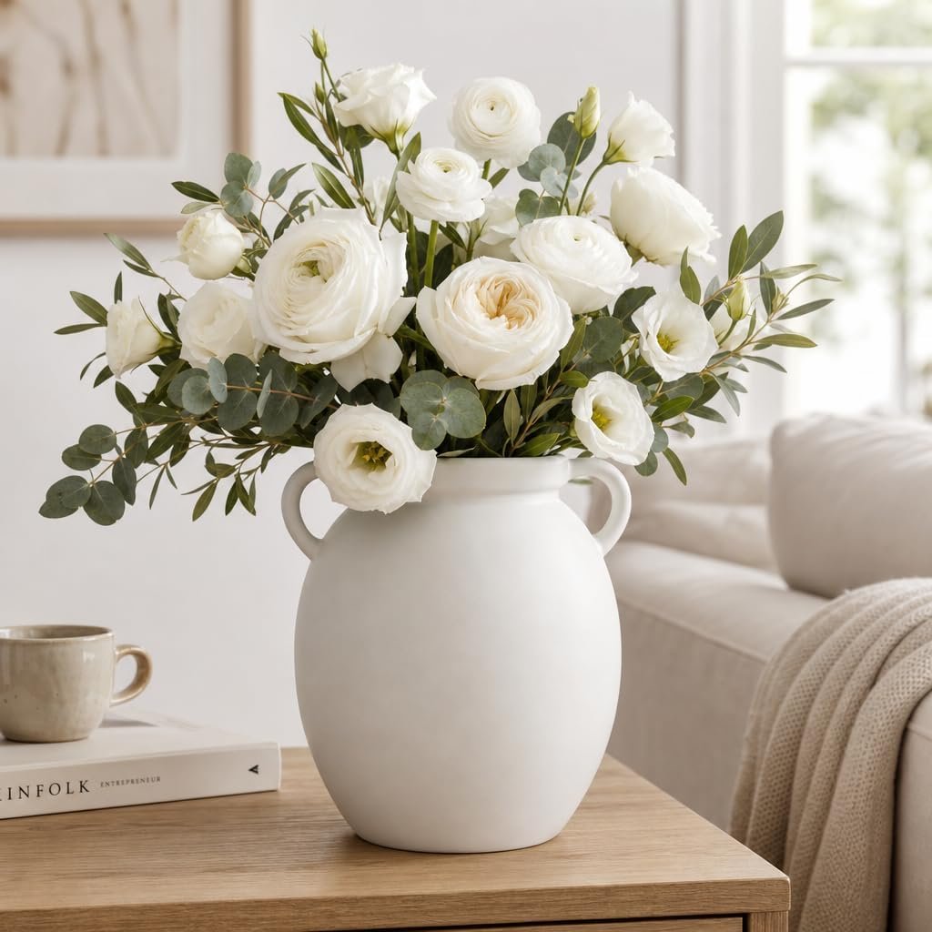 hjn Matte White Ceramic Vase, Round Shape, 8″ dx9 h | Nordic Farmhouse Jug Style, For Dried Pampas Grass & Fresh Flowers, Minimalist Boho Decor, Living Room Mantel Shelf Entryway