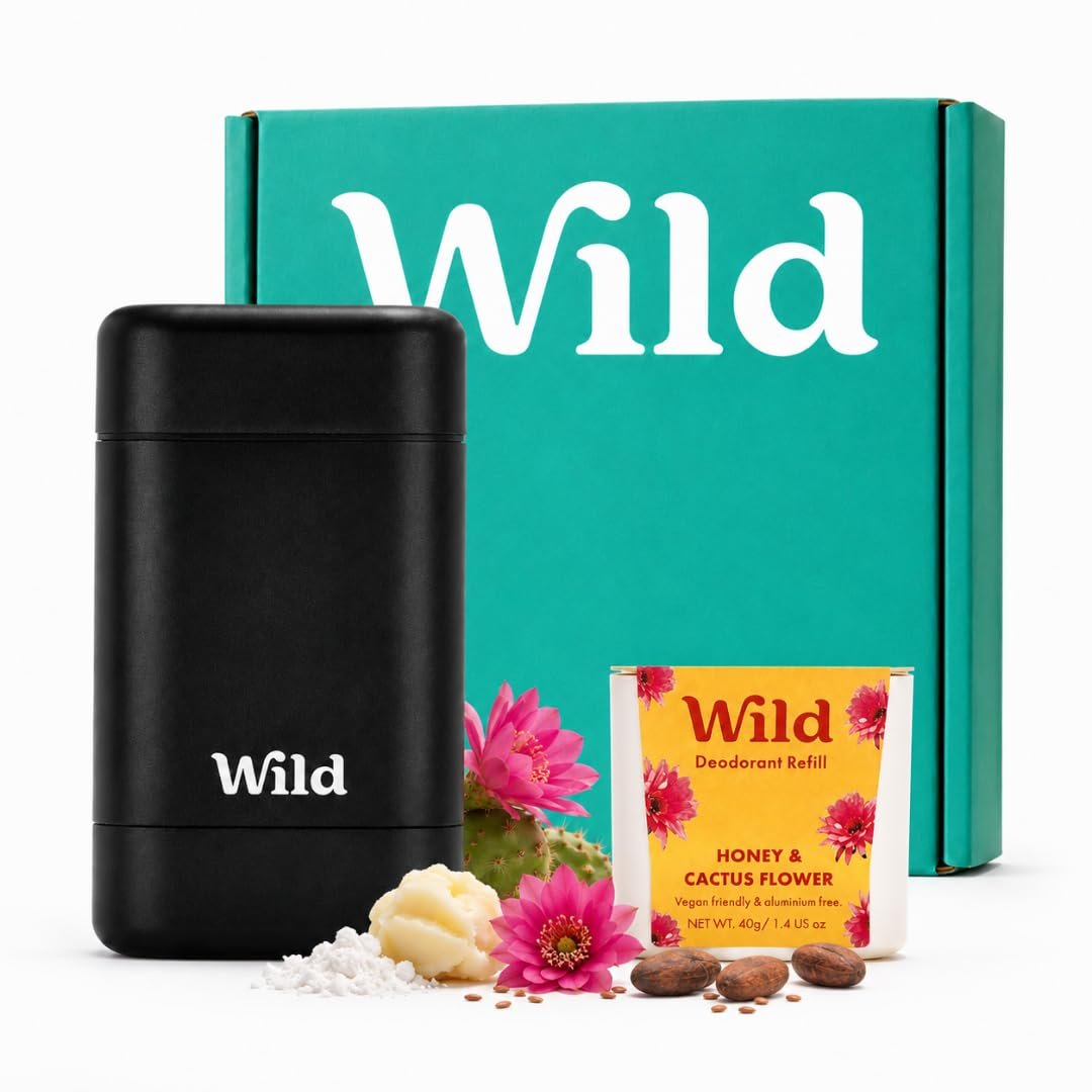 Wild Aluminum Free Natural Deodorant Starter Kit – Refillable Black Case – Natural Ingredients & 24 Hour Odor Protection – Women & Men’s – Honey & Cactus Flower Scent – Case + 1 Refill