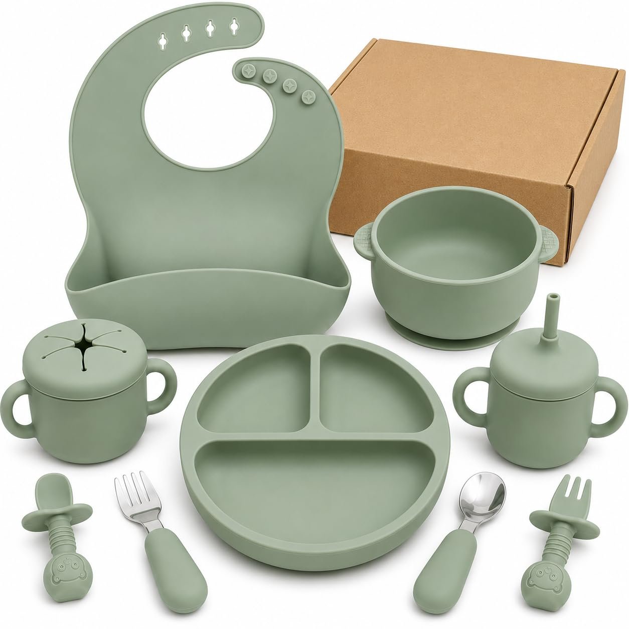 Bufims Silicone Baby Feeding Set for Baby Led Weaning 9-Piece, Sage Green | 9-piece set with Suction Plate and Bowl, Pocket Bib, Sippy Cup with Lid, Forks Spoons Snack Container, for 6+ Months