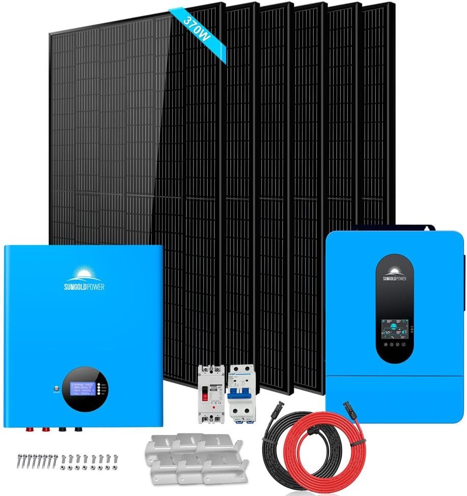SUNGOLDPOWER 6500W Off Grid System Complete Solar Kit, 1 * 6500W 120/240Vac Solar Inverter UL1741+6 * 370W Mono Solar Panels + 1 * 100Ah 51.2V Lifepo4 Battery UL1973, for House Storage (SGM-655M)