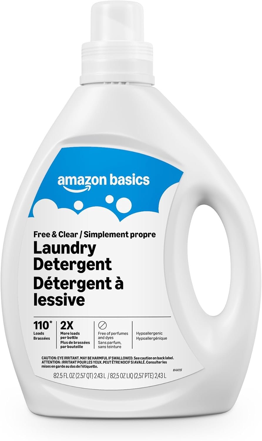 Amazon Basics Concentrated Liquid Laundry Detergent, Free of Perfumes & Clear of Dyes, 110 loads, 82.5 Fl Oz, Packaging May Vary