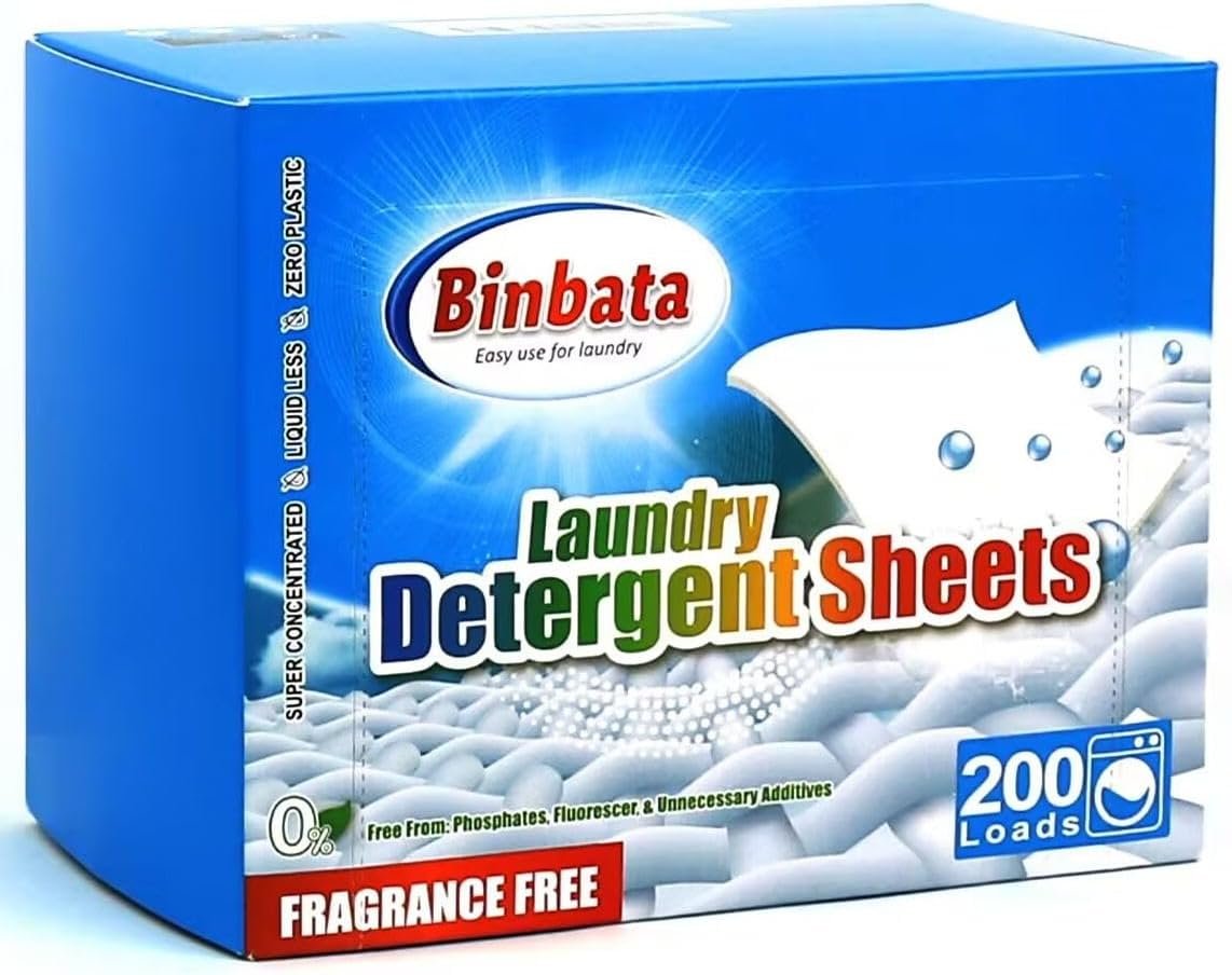 Binbata Laundry Detergent Sheets Up to 200 Loads, Plastic Free Eco-Friendly | Fragrance Free Liquidless Soap, Hypoallergenic Biodegradable Unscented Sheets, Suitable for Sensitive Skin Great For Travel