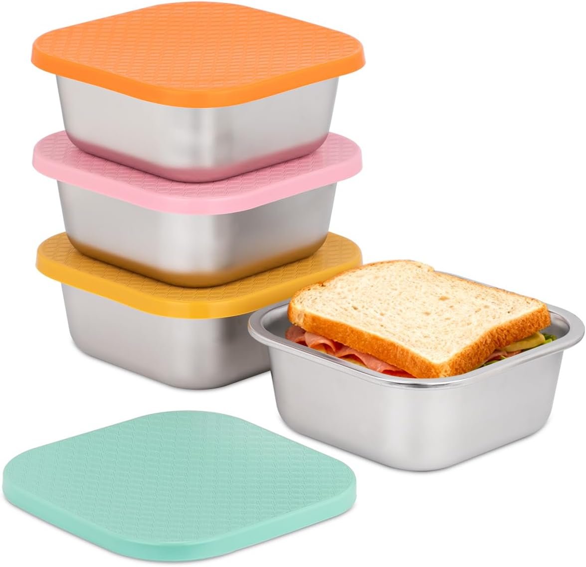 4 Pack Stainless Steel Sandwich Containers & Box, 30oz Metal Food Storage | Sandwich Box, Lunchable, Leakproof, Silicone Lids, Meal Prep, Lunch Containers, BPA Free, Reusable, Salad, Snack, Fruits
