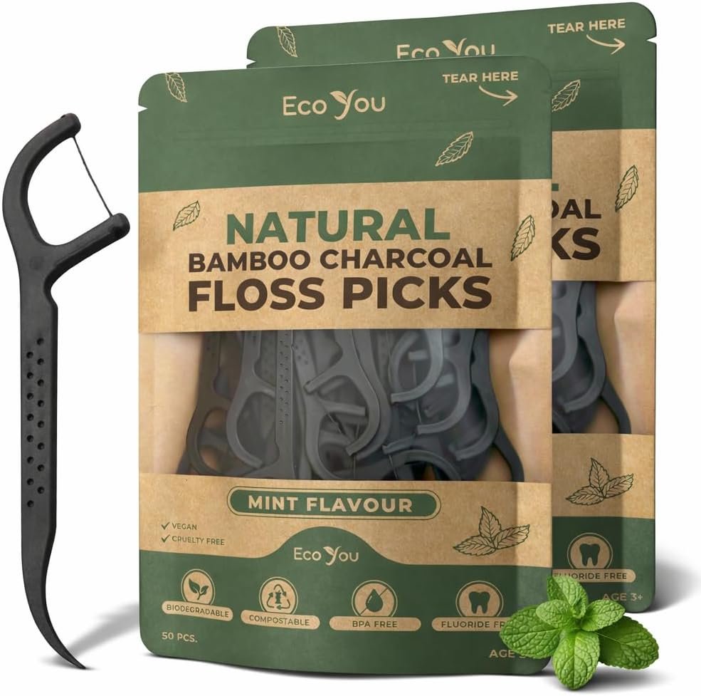 Biodegradable Floss Picks | 100 Count (2 Pack) | Mint Flavor, Candelilla Wax | Sustainable & Reusable | Vegan & Cruelty-Free | Bamboo Floss Picks, Bamboo Toothpicks