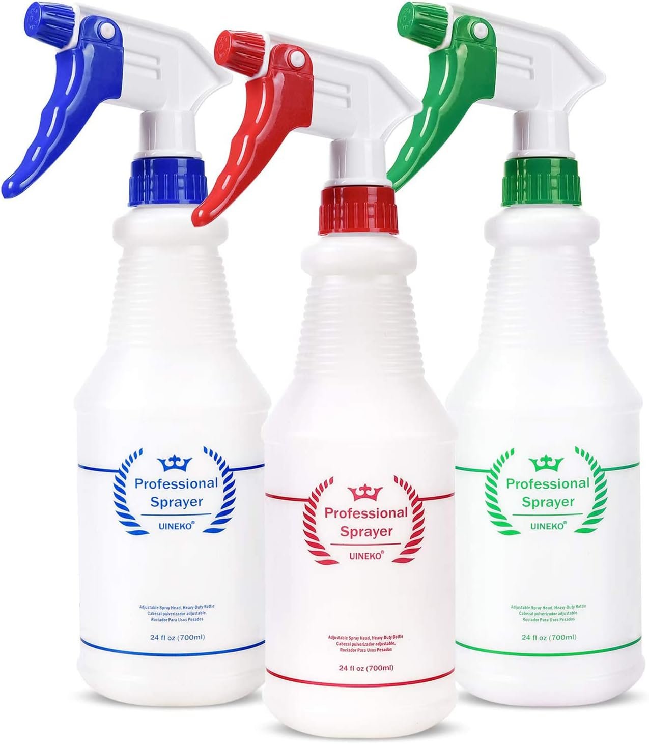 Uineko Plastic Spray Bottles 3 Pack, 24 Oz, Heavy Duty Sprayer, All-Purpose | Chemical Resistant, Mist & Stream, Leak-Proof, Better Trigger, Measurements, for Cleaning Solutions, Planting, Car Detailing