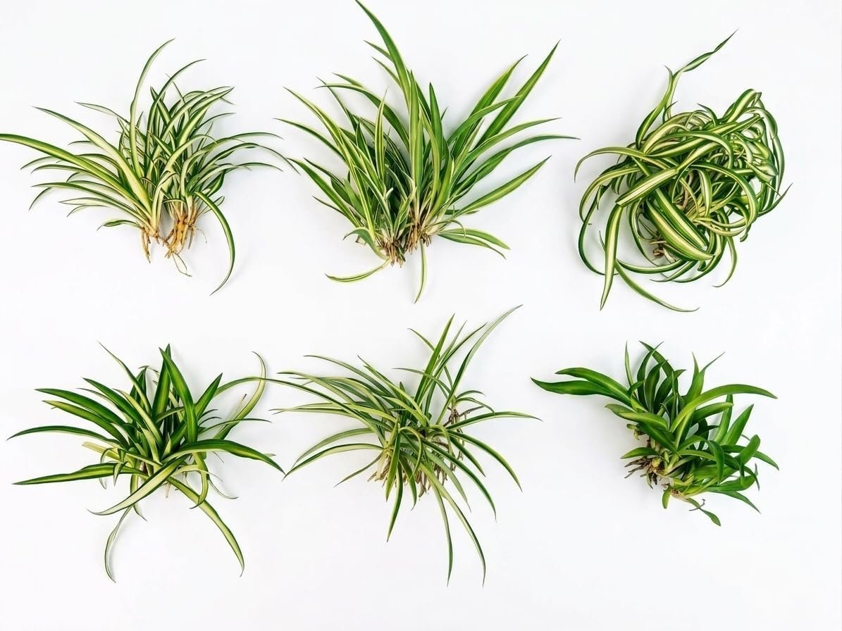 6 Pack Spider Plant Babies ~ Collectors Pack 6 Varieties ~ Airplane, Reverse, Hawaiian, Bonnie Curly, OG Green, Green Ocean – Live Starter Plants ~ Air Purifying, Low Maintenance, Easy Houseplant
