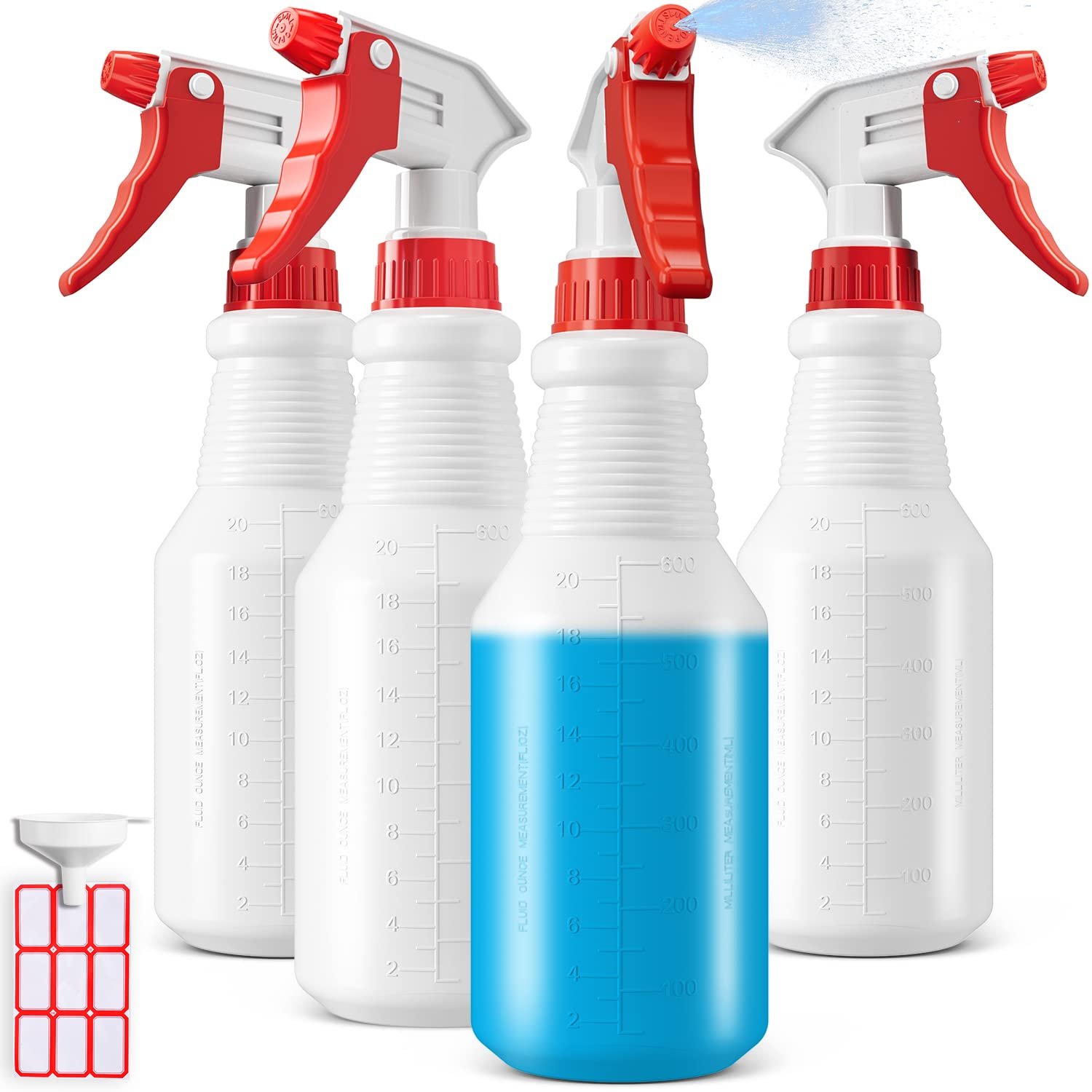 Bealee Plastic Spray Bottles 4 Pack, 24 Oz, Heavy Duty Sprayer, All-Purpose | Chemical Resistant, Mist & Stream, Leak-Proof, Better Trigger, Measurements, for Cleaning Solutions, Planting, Car Detailing